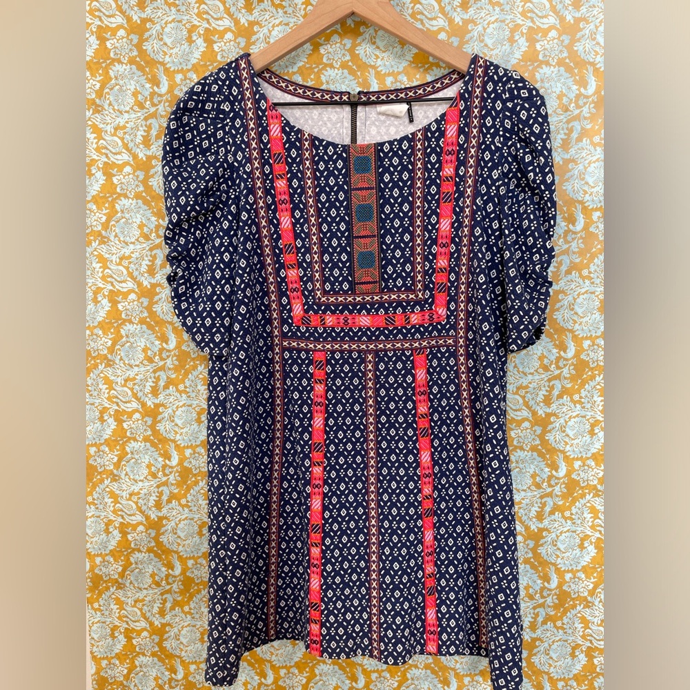 Akemi + Kin Anthropologie Blue Embroidered Puff Sleeve Dress